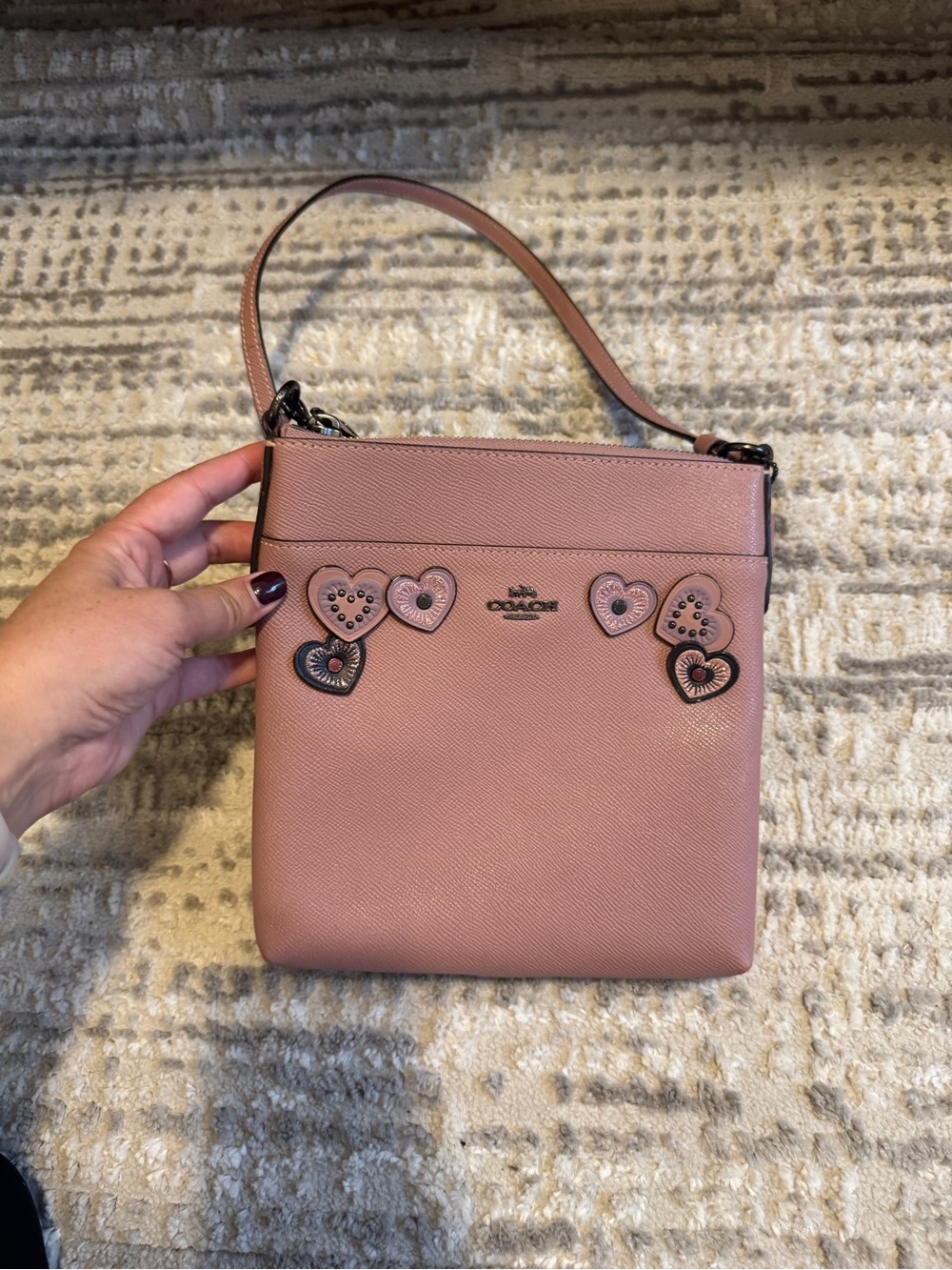 Coach Kitt Messenger Crossbody Bag with Heart Appliques Style 29679 Dusty Rose